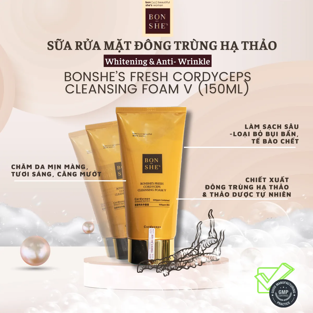 Sữa rửa mặt Đông Trùng Hạ Thảo BONSHE’S Fresh Cordyceps Cleansing foam V (150ml)