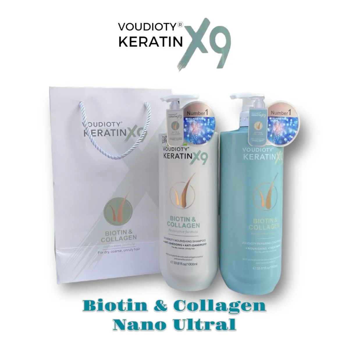 Bộ Gội & Xả VOUDIOTY KERATIN X9 BIOTIN & COLLAGEN Nano Ultral [ Phiên bản nâng cấp 2024] (1000ml/chai)